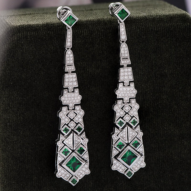 Art Deco Emerald Drop Earrings – S925 Silver with White Zircon Accents
