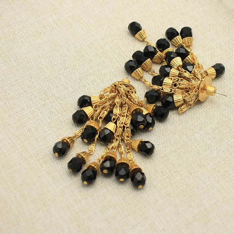 Midnight Cascade Black Crystal Tassel Earrings
