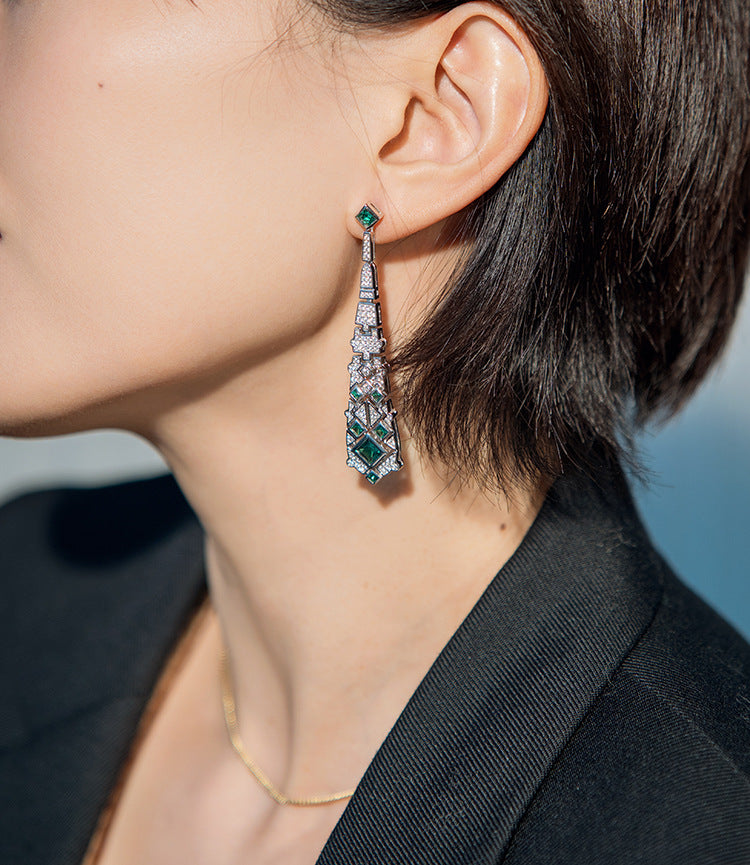 Art Deco Emerald Drop Earrings – S925 Silver with White Zircon Accents
