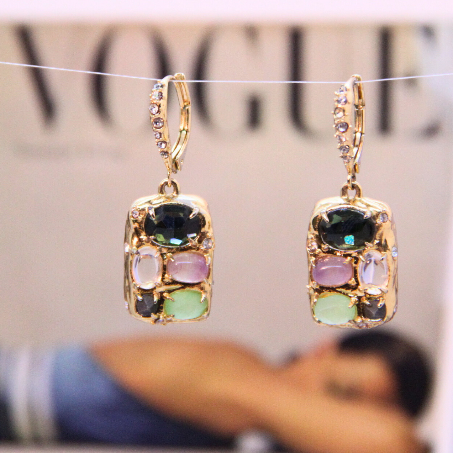 Mini Geometric Drop Earrings with Multicolor Gemstone and Pavé Zircon Inlay