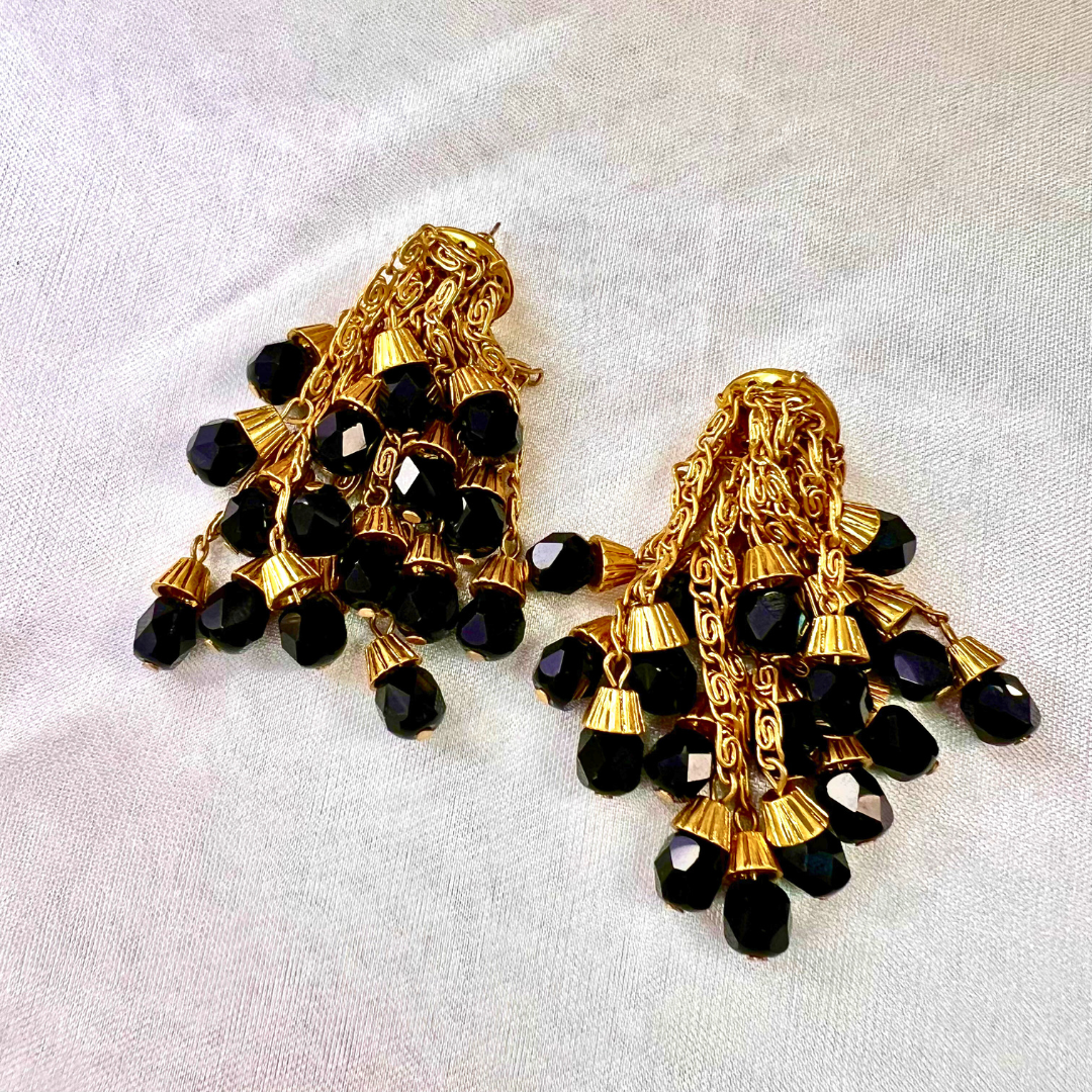 Midnight Cascade Black Crystal Tassel Earrings