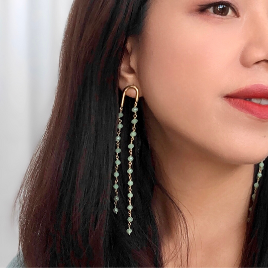 Green Faceted Gemstone Tassel Earrings – Gilded Fringe Elegance
