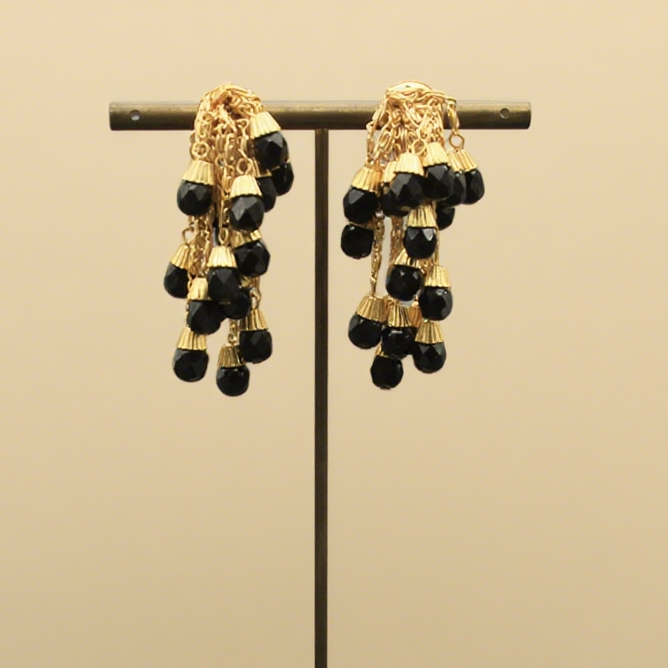 Midnight Cascade Black Crystal Tassel Earrings
