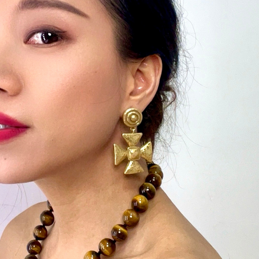 Antique Cross Drop Earrings in Vintage Gold Finish