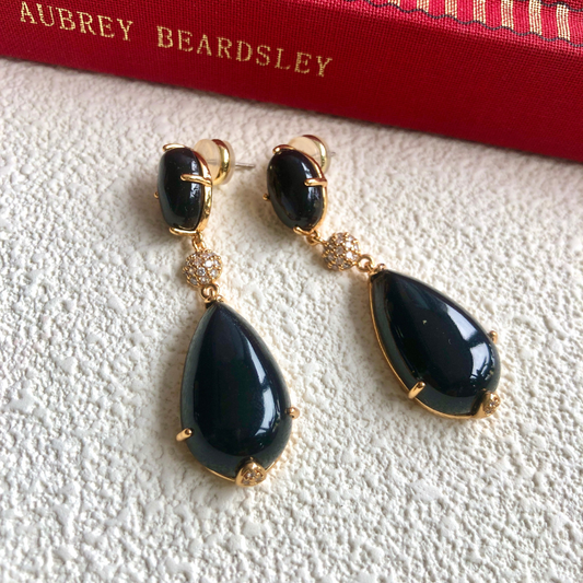Black Drop Resin Earrings – Gold-Plated with Pavé Crystals