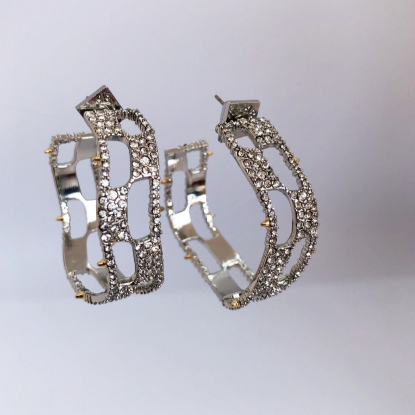 Silver Plated Geometric Pavé Hoop Earrings with Art Deco Detailing