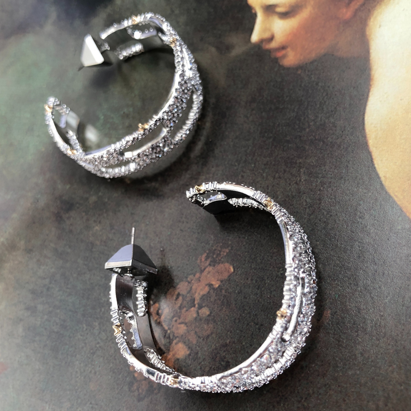 Silver Plated Geometric Pavé Hoop Earrings with Art Deco Detailing