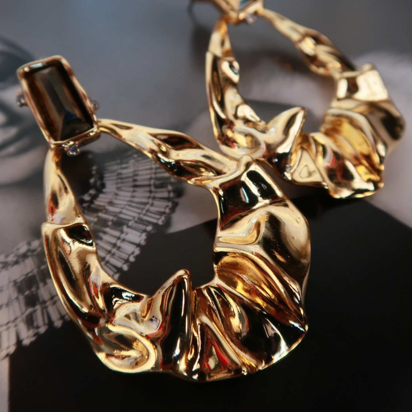 Cognac Gemstone Folded Gold Statement Earrings