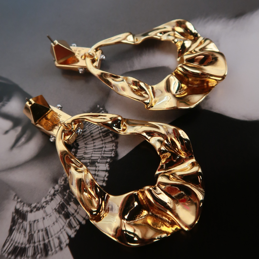 Cognac Gemstone Folded Gold Statement Earrings