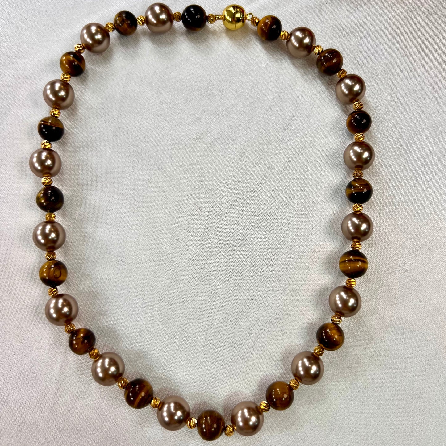 Vintage Tiger Eye & Pearl Beaded Necklace with Magnetic Clasp