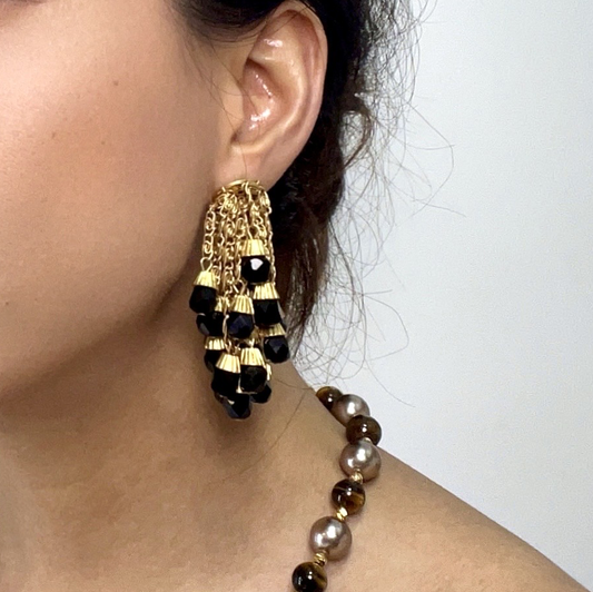 Midnight Cascade Black Crystal Tassel Earrings