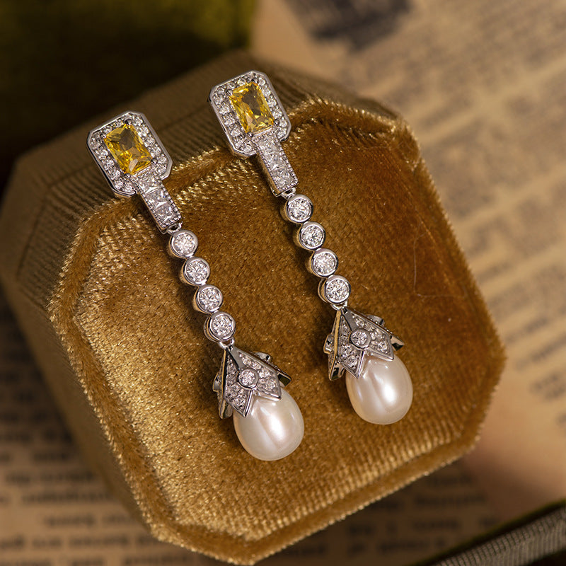 Vintage Yellow Gemstone &amp; Freshwater Pearl Drop Earrings – 925 Sterling Silver