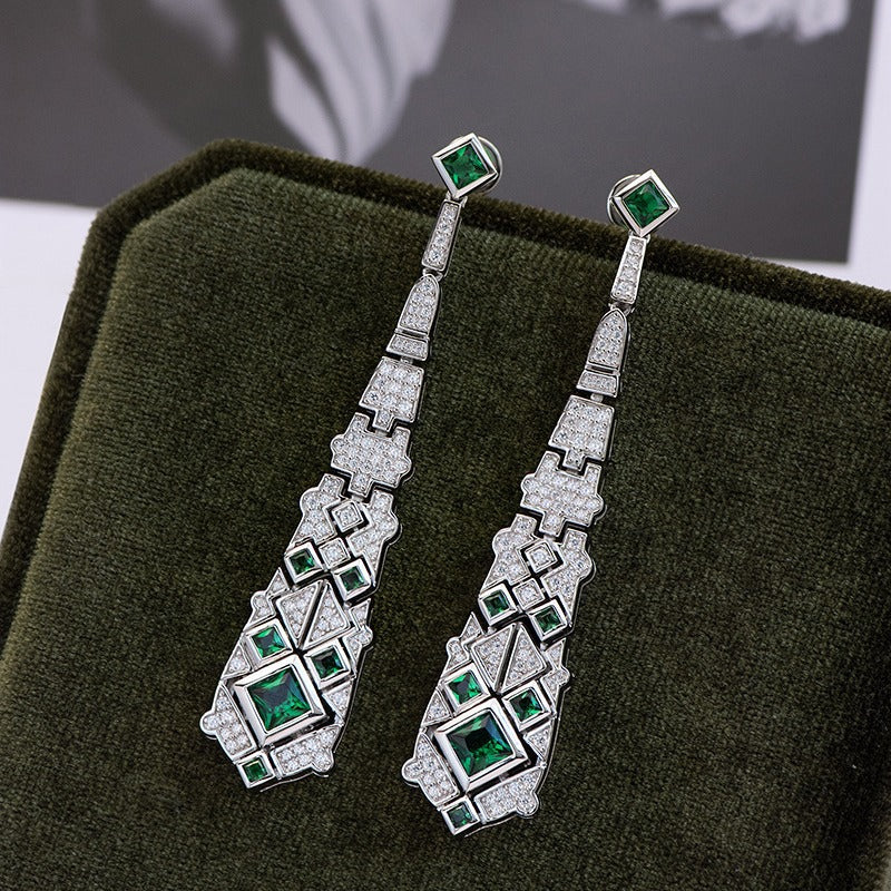 Art Deco Emerald Drop Earrings – S925 Silver with White Zircon Accents