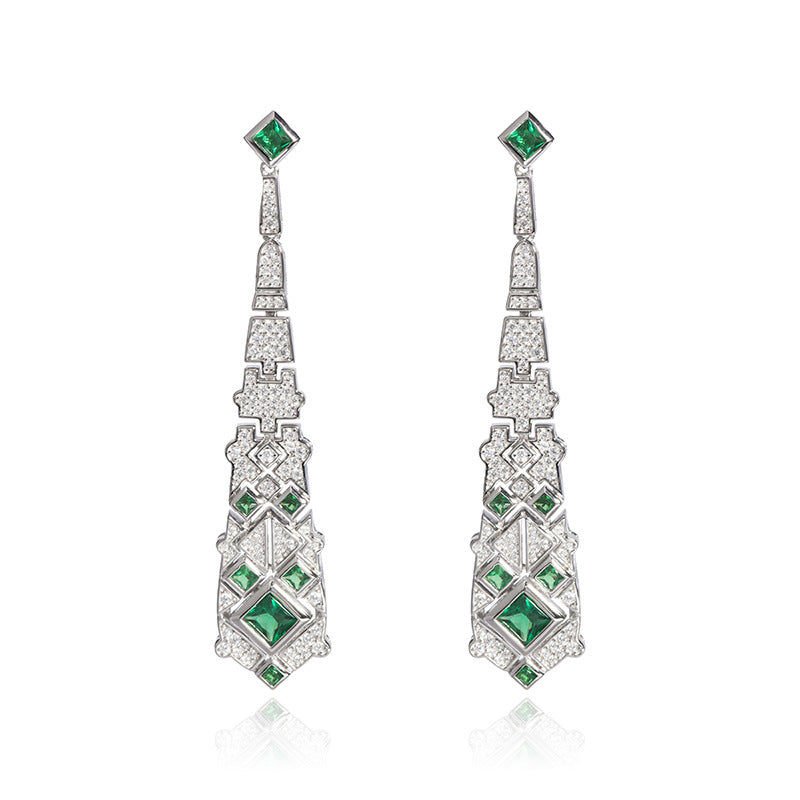 Art Deco Emerald Drop Earrings – S925 Silver with White Zircon Accents