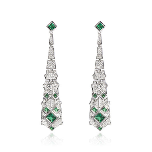 Art Deco Emerald Drop Earrings – S925 Silver with White Zircon Accents