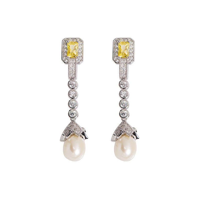 Vintage Yellow Gemstone &amp; Freshwater Pearl Drop Earrings – 925 Sterling Silver