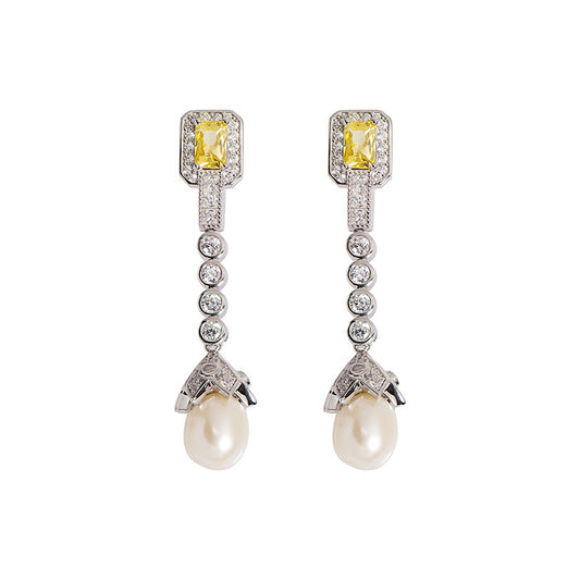 Vintage Yellow Gemstone &amp; Freshwater Pearl Drop Earrings – 925 Sterling Silver
