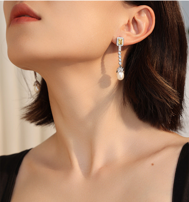 Vintage Yellow Gemstone &amp; Freshwater Pearl Drop Earrings – 925 Sterling Silver