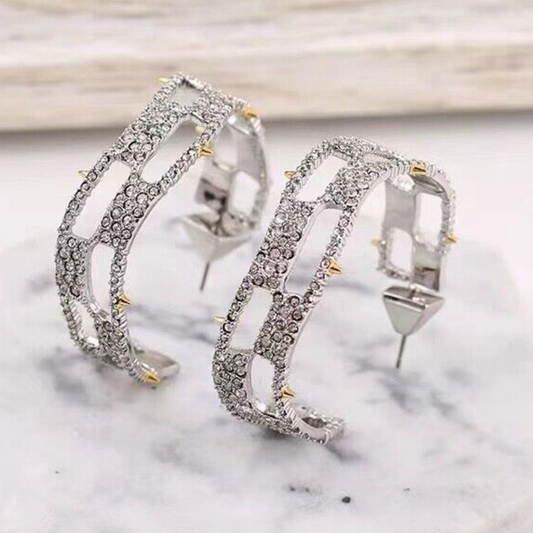 Silver Plated Geometric Pavé Hoop Earrings with Art Deco Detailing