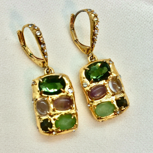 Mini Geometric Drop Earrings with Multicolor Gemstone and Pavé Zircon Inlay