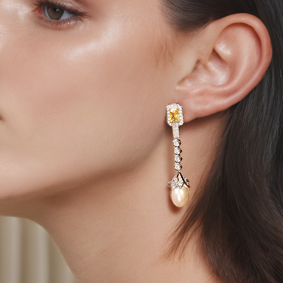 Vintage Yellow Gemstone &amp; Freshwater Pearl Drop Earrings – 925 Sterling Silver