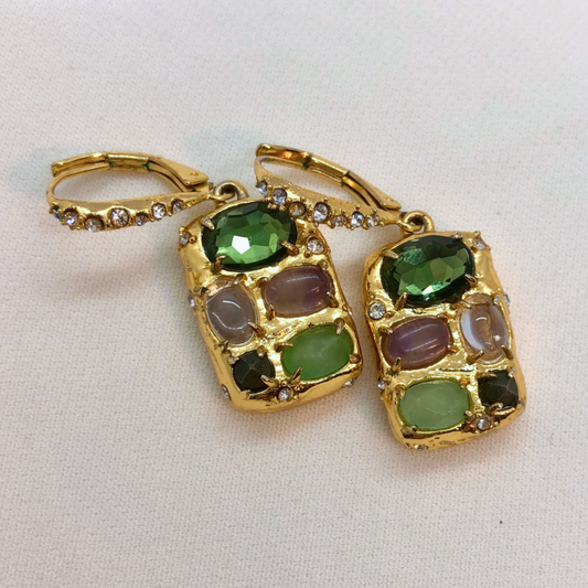 Mini Geometric Drop Earrings with Multicolor Gemstone and Pavé Zircon Inlay