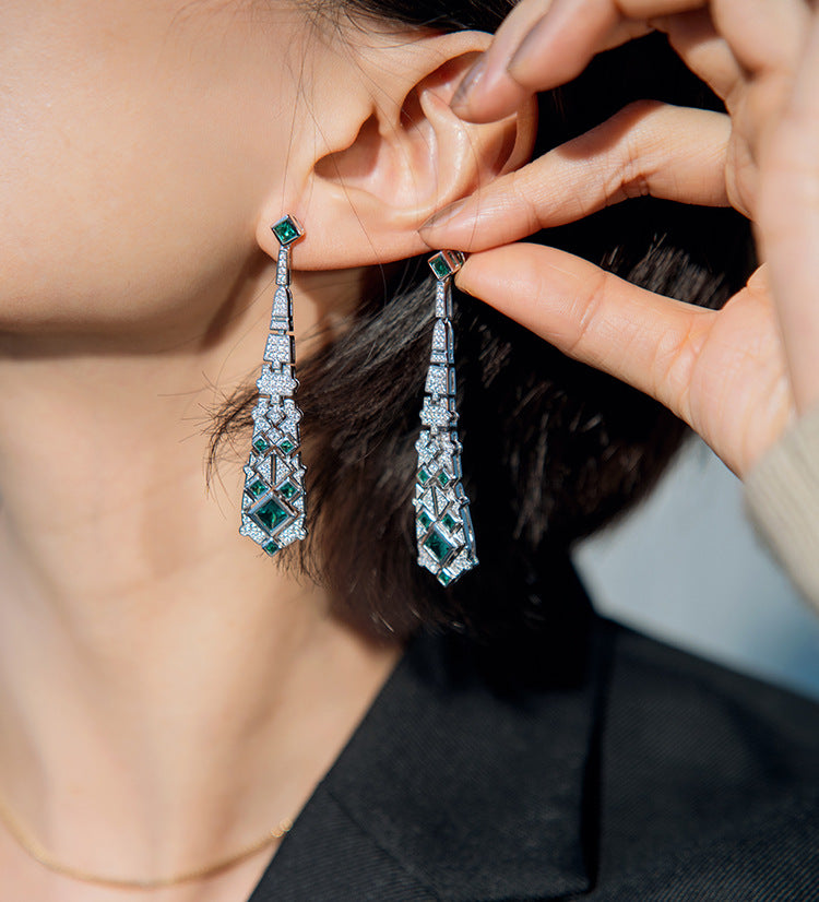 Art Deco Emerald Drop Earrings – S925 Silver with White Zircon Accents