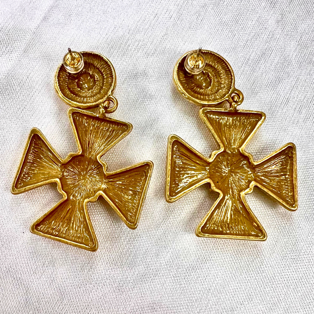 Antique Cross Drop Earrings in Vintage Gold Finish
