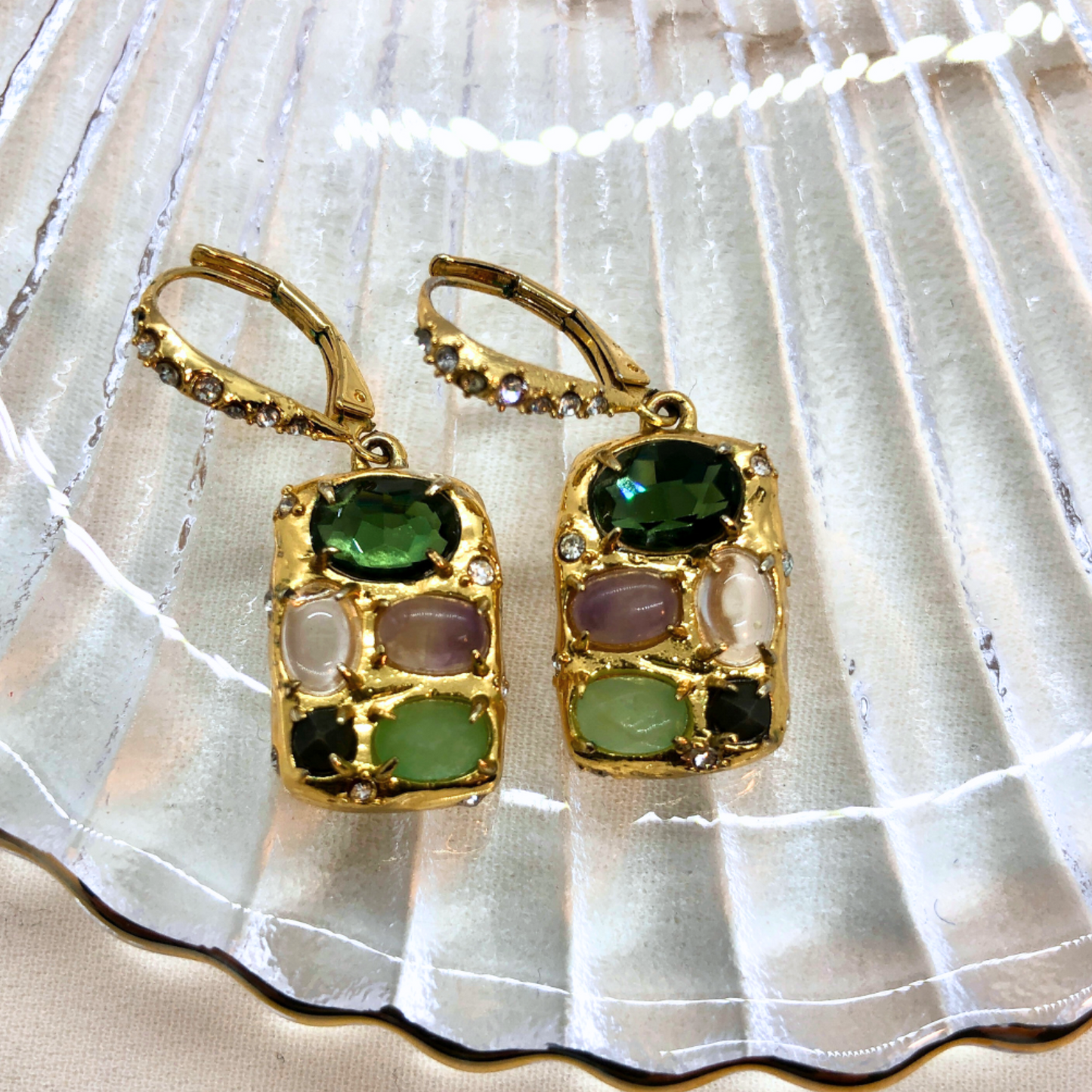 Mini Geometric Drop Earrings with Multicolor Gemstone and Pavé Zircon Inlay
