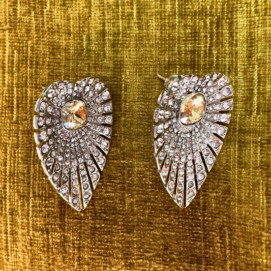 Ginkgo Leaf Crystal Stud Earrings with Yellow Gemstone Accent