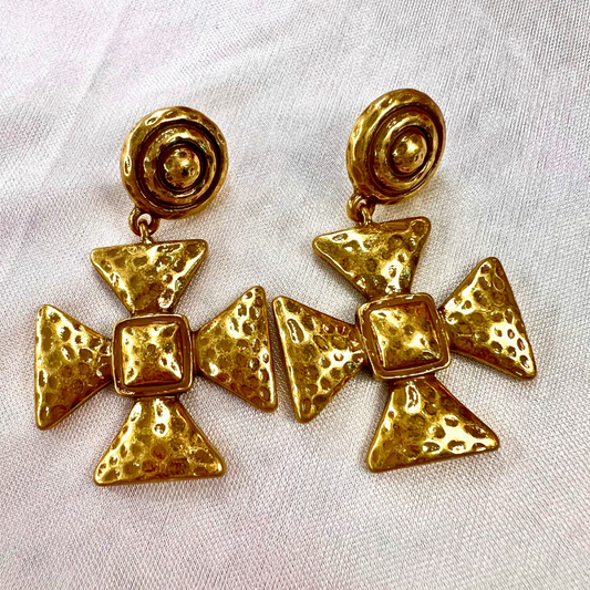 Antique Cross Drop Earrings in Vintage Gold Finish