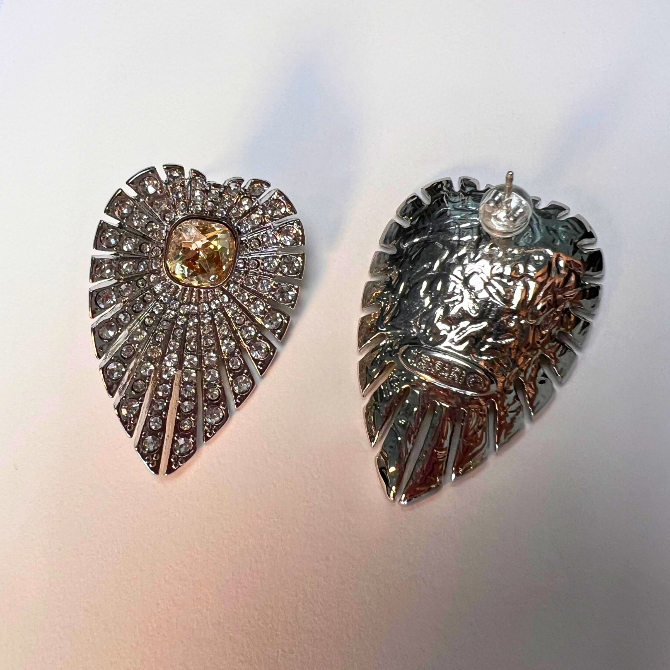 Ginkgo Leaf Crystal Stud Earrings with Yellow Gemstone Accent