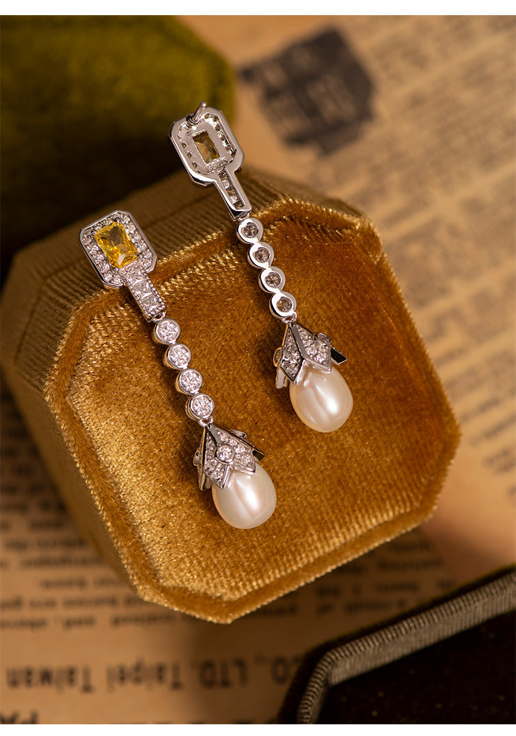 Vintage Yellow Gemstone &amp; Freshwater Pearl Drop Earrings – 925 Sterling Silver