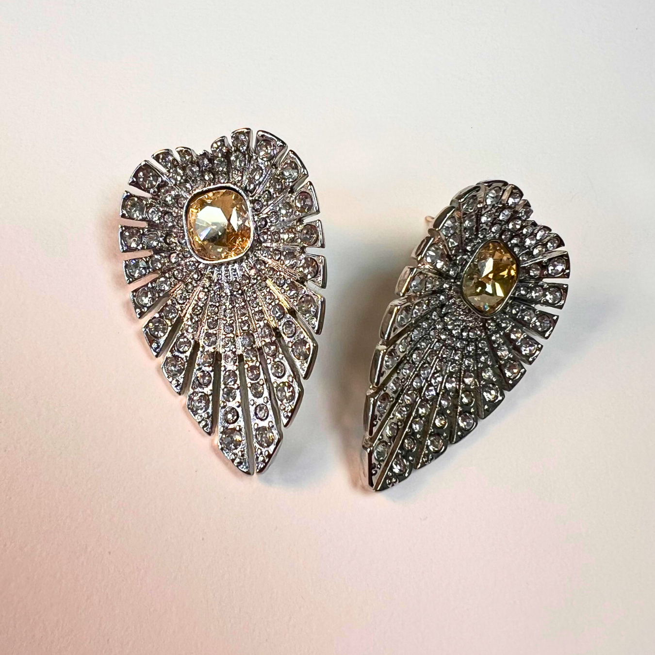 Ginkgo Leaf Crystal Stud Earrings with Yellow Gemstone Accent