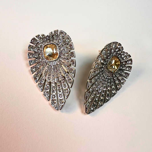 Ginkgo Leaf Crystal Stud Earrings with Yellow Gemstone Accent