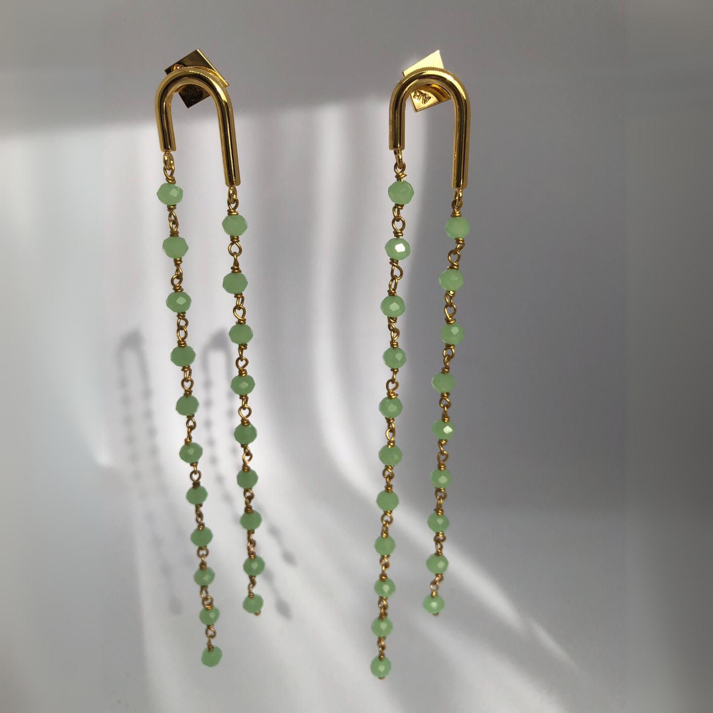 Green Faceted Gemstone Tassel Earrings – Gilded Fringe Elegance
