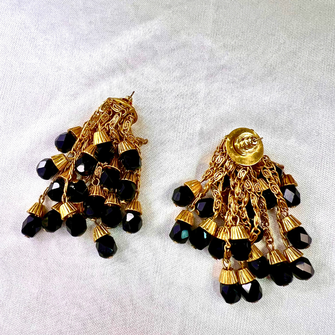 Midnight Cascade Black Crystal Tassel Earrings