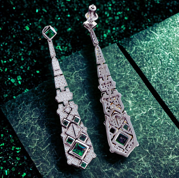 Art Deco Emerald Drop Earrings – S925 Silver with White Zircon Accents