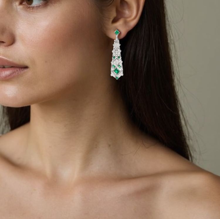 Art Deco Emerald Drop Earrings – S925 Silver with White Zircon Accents