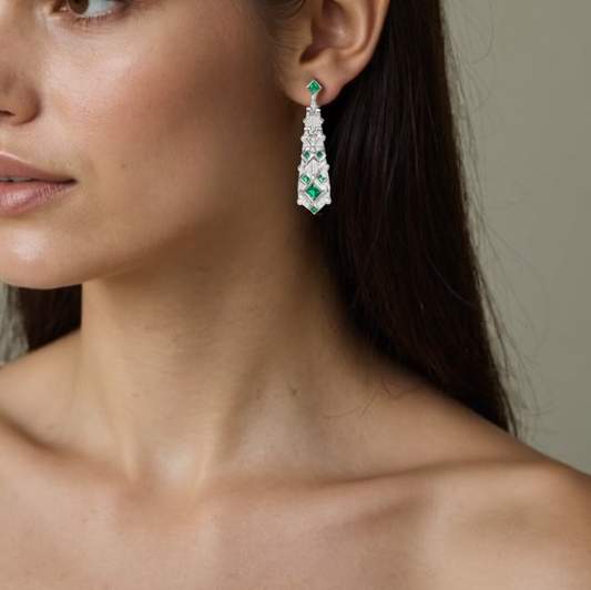 Art Deco Emerald Drop Earrings – S925 Silver with White Zircon Accents