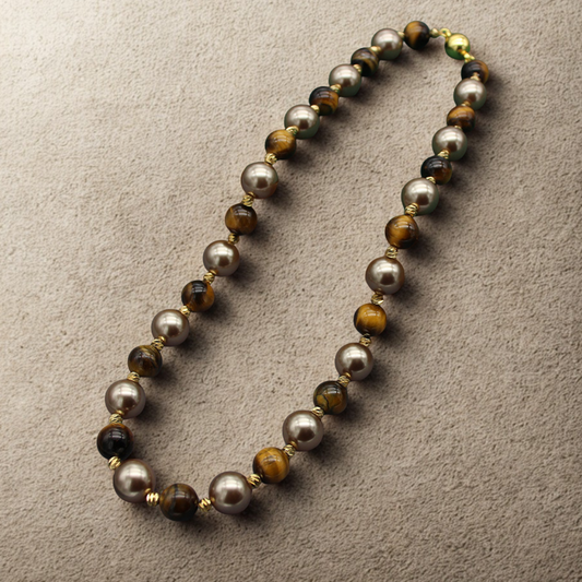 Vintage Tiger Eye &amp; Pearl Beaded Necklace with Magnetic Clasp