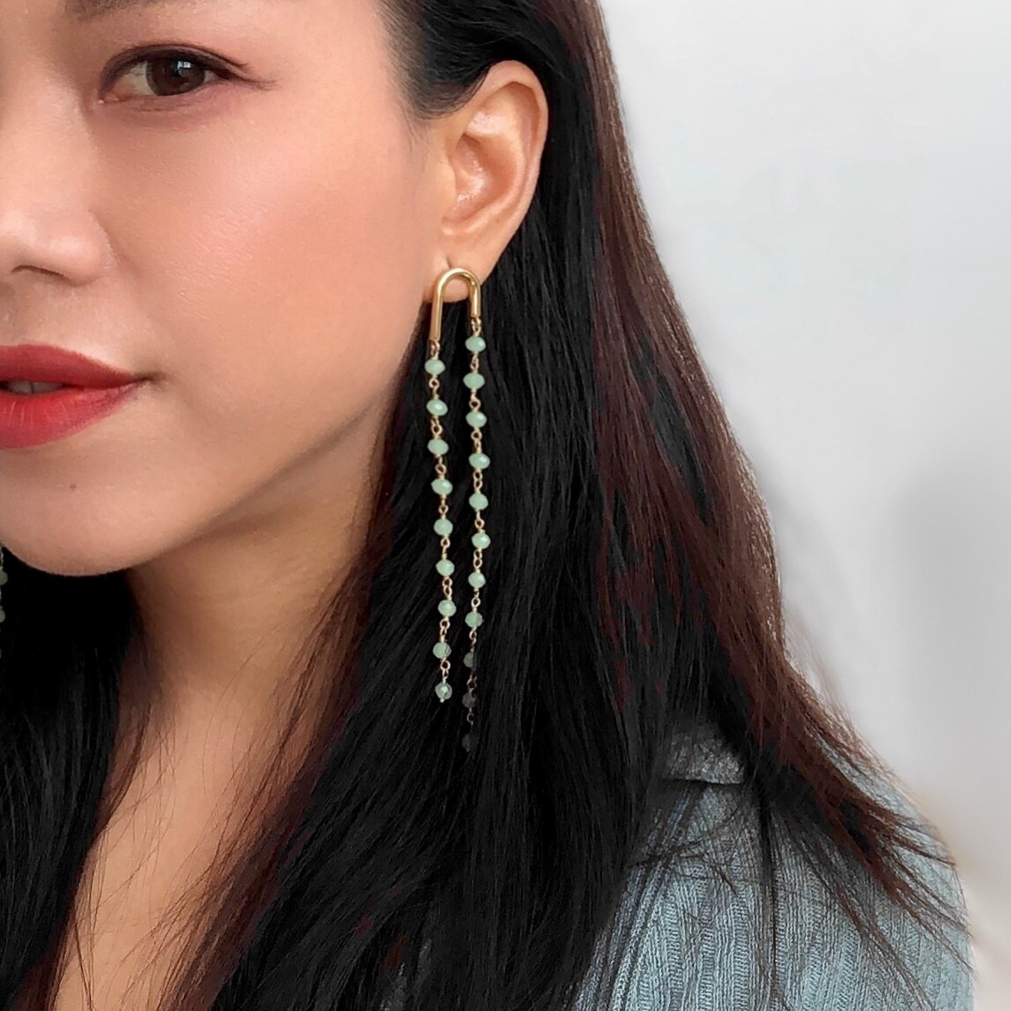 Green Faceted Gemstone Tassel Earrings – Gilded Fringe Elegance