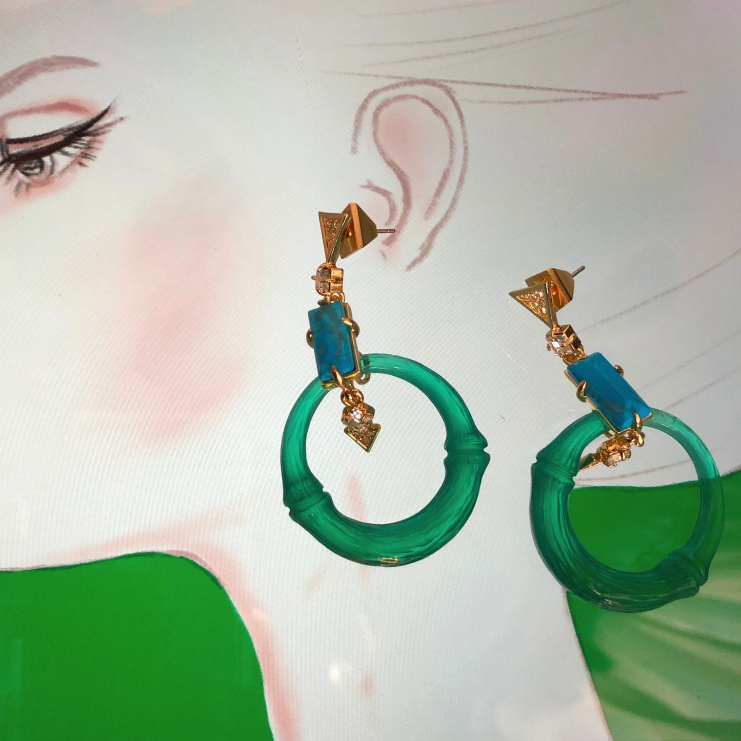 Art Nouveau Jade Green Resin &amp; Turquoise Earrings