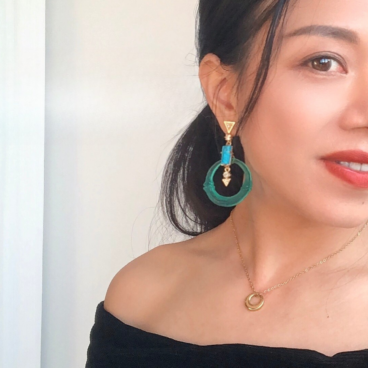 Art Nouveau Jade Green Resin &amp; Turquoise Earrings