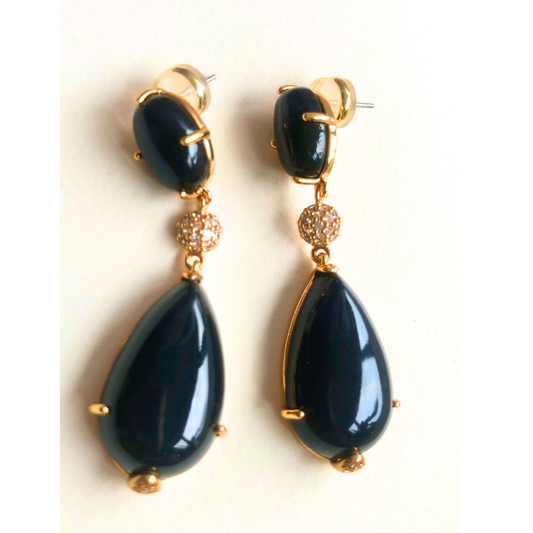 Black Drop Resin Earrings – Gold-Plated with Pavé Crystals