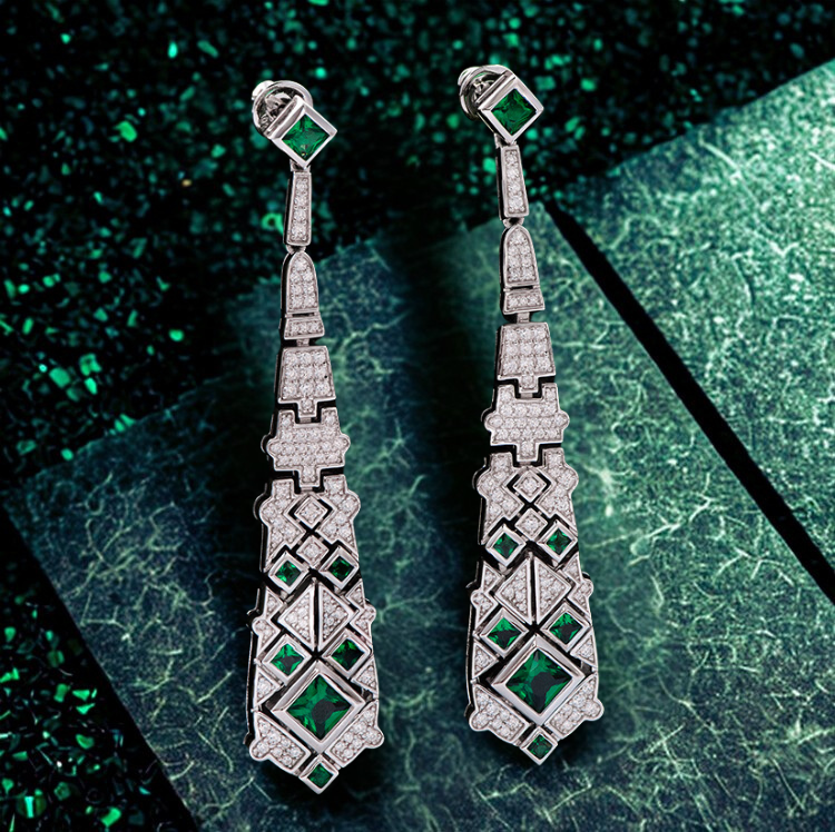 Art Deco Emerald Drop Earrings – S925 Silver with White Zircon Accents