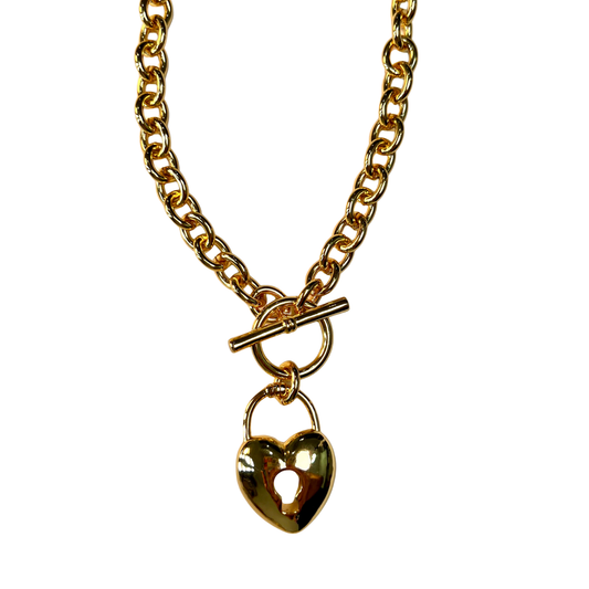 Chunky Heart Lock Toggle Chain Necklace in 18K Gold