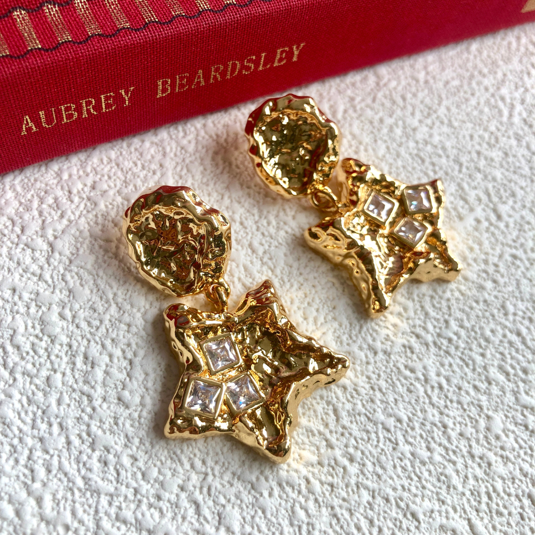 Vintage Molten Star Drop Earrings in 24K Gold Plating