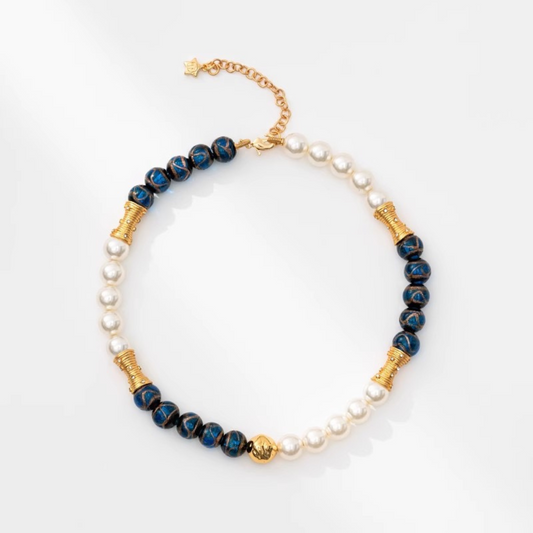 Cobalt Glass & Pearl 24K Gold-Plated Collar Necklace