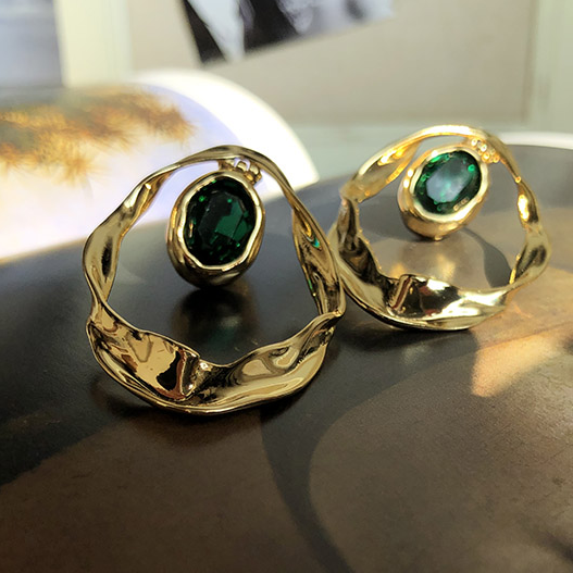 Baroque Twist Oval Earrings with Green Gemstone